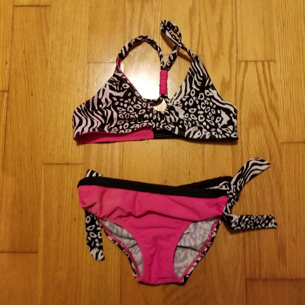 Girls Color Block Animal Print Bikini Swimsuit Set